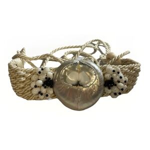 Vintage 80s Statement Ivory Braided Woven Abalone Shell Retro Boho Women's 38-40